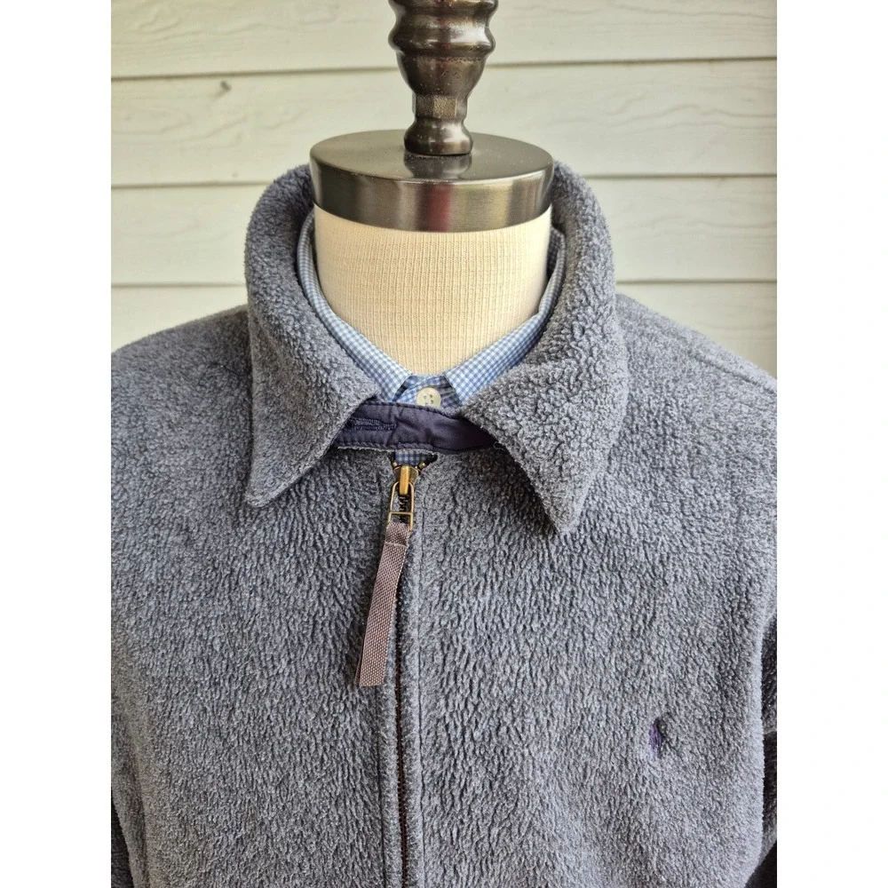 Polo Ralph Lauren Mens Grey Sherpa Fleece Full Zip Jacket Pony Logo VTG‎ Sz XL
